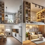 DALL·E 2024 12 17 10.11.28 A modern stylish small studio apartment undergoing a remodeling process. The room includes areas with common remodeling mistakes such as oversized f