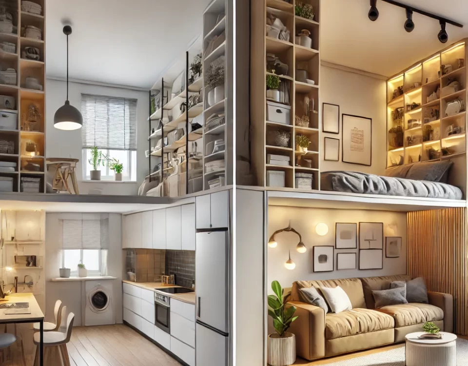 DALL·E 2024 12 17 10.11.28 A modern stylish small studio apartment undergoing a remodeling process. The room includes areas with common remodeling mistakes such as oversized f